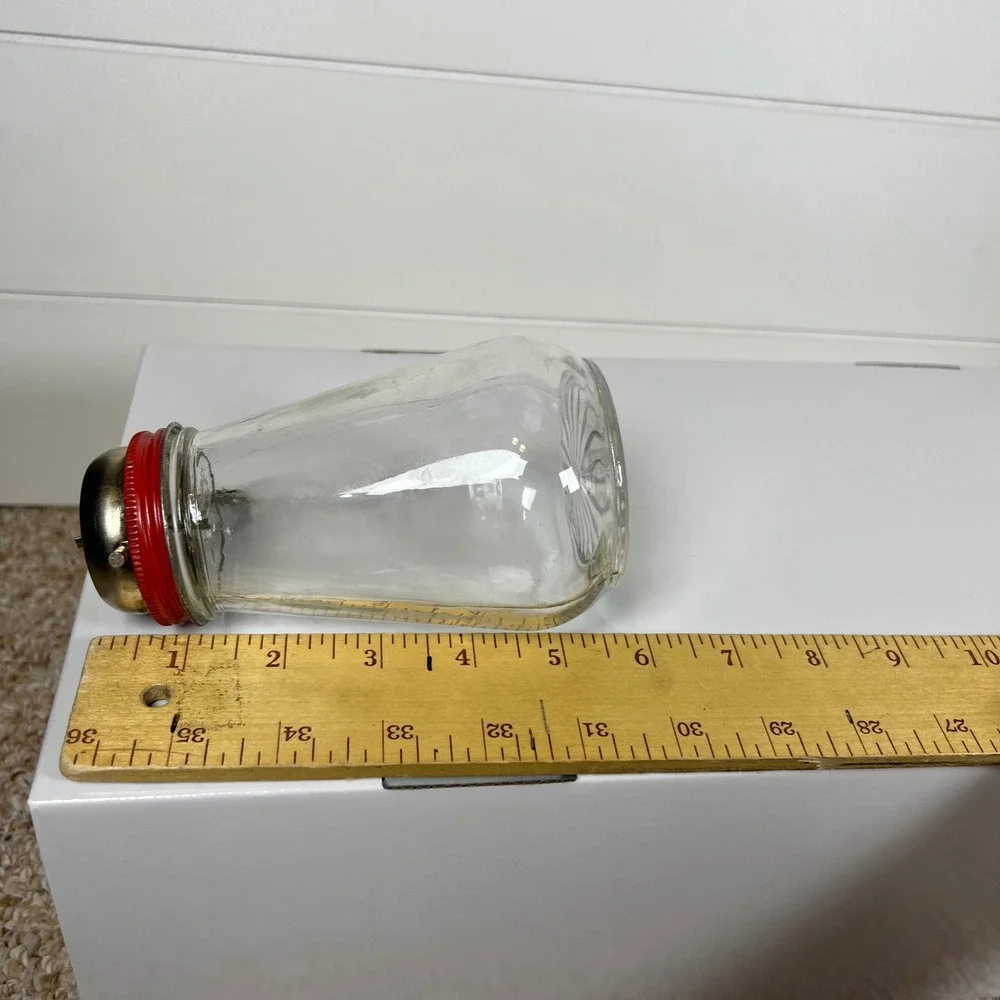 Vintage Glass Powdered Sugar Shaker Red Metal Lid Mechanical Sifter Retro